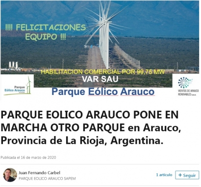 La Rioja: Entra en operaciones un parque eólico de 100 MW